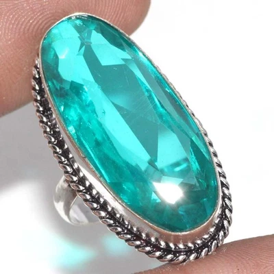 Anillo facetado topacio verde enchapado en plata 925 hecho a mano piedras preciosas tamaño EE. UU. 8 GW Foto 1 de 3