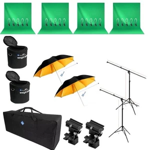 Complete Photo Studio Set - Green Backdrops, Lighting Umbrellas & Stands - Picture 1 of 7