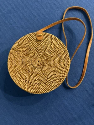 Woven Rattan Round Leather Crossbody Shoulder Bag Natural Tan Boho - Image 1 of 4