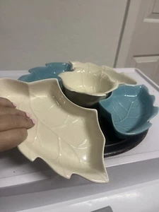 USA Vintage California Pottery 275 - 5 Piece Lazy Susan White And Blue Leaf 12” - Picture 1 of 5