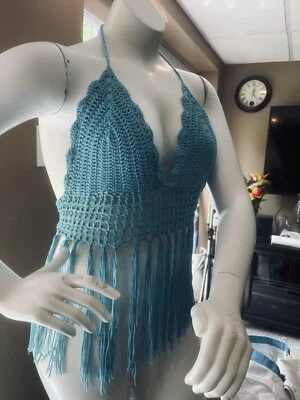 Вязание крючком галстук с бретелью через шею верхний бирюзовый синий богемное хиппи пляж ручной работы бесплатный размер. M, L, XL - Изображение 1 из 4