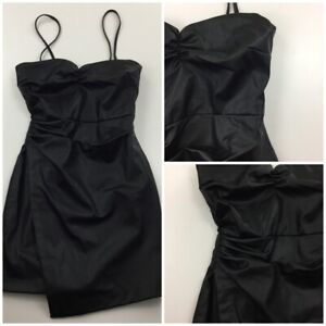 NWT ZARA Womens sz XS Black Faux Leather Ruched High Low Flap Overlay Hem Dress