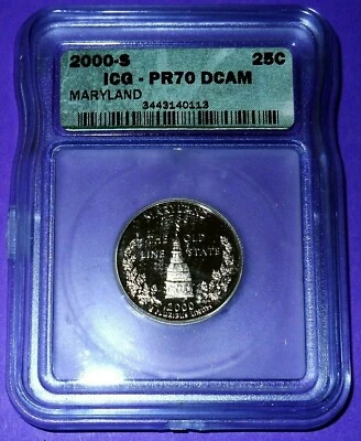 2000-S MARYLAND GEM PROOF CLAD WASHINGTON QUARTER- ICG GRADED PF-70 DEEP CAMEO - Image 1 of 4