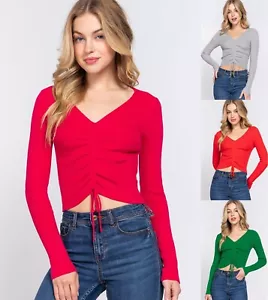 Women's V-neck Shirring Tie Viscose Sweater Crop Long Sleeve Rib Knit Stretchy - Picture 1 of 21
