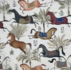 Arabian Horses Printed Grey Cotton Linen Fabric Palm Tree Animal Stallion - Picture 1 of 14