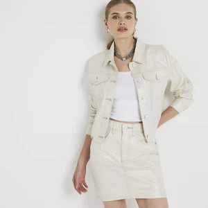 River Island Womens Mini Skirt Beige Metallic Coated Denim Belt Loops Bottom - Picture 1 of 9