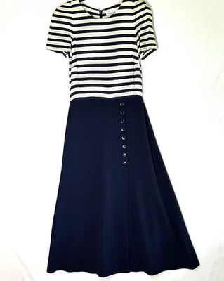 VTG Nautical Stripe Maxi Dress Navy Beige Slit Retro Beach XS Coastal Chic  - Image 1 of 4