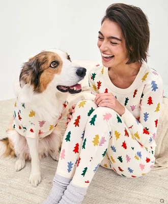 Hanna Andersson Pajama Set Womens Top L/Pant XL Festive Forest on Ecru $105 - Image 1 of 4