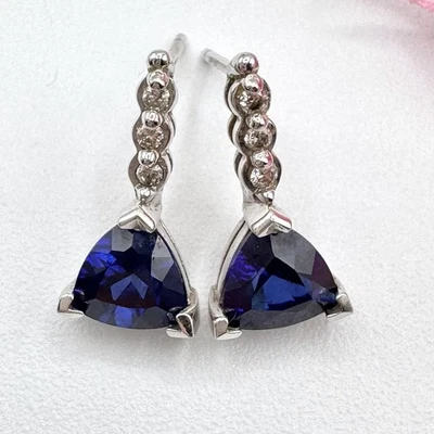 EMA 10K White Gold Trillion Cut Blue Sapphire & Three Diamond Earrings Tested - Image 1 of 4