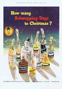 1951 Schweppes Christmas Snowman Anthropomorphic Bottles Guille Art UK Print Ad - Picture 1 of 1