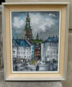 Emil Jensen ( Danish, 1905) Busy Copenhagen cityscape. Hojbro Plads Square - Imagen 1 de 4