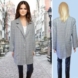 M&S BLAZER UK 18 GREY MIX CHECKED SHOULDER PADS POCKETS ONE BUTTON CLOSURE #K4 - Picture 1 of 11