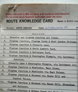 Tarjeta de conocimiento de ruta del conductor de Wimbledon 1981 British Rail South Western Division - Imagen 1 de 5