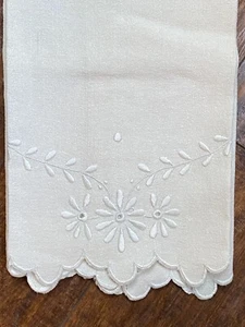 Ivory Embroidered Kitchen Tea Towel Floral Whitework Scallop Edge Luxury Fabric - Picture 1 of 8