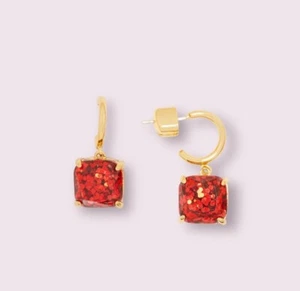 Kate Spade Red Mini Square Glitter Stone Charm Huggie Hoop Earrings - Picture 1 of 7