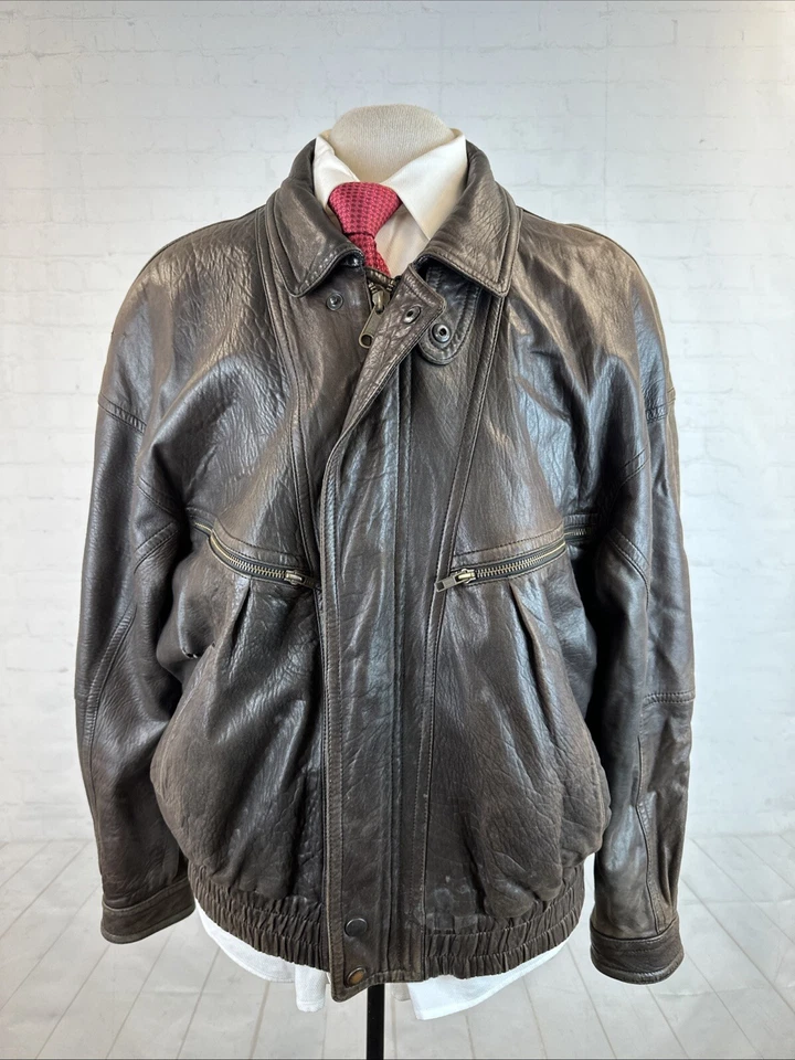 Valentino Hombre Chaqueta de Cuero Talla 40 Marrón Oscuro Cremallera De Colección Lujo Moda Foto 1 de 4