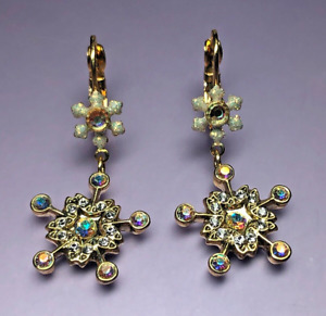 Kirks Folly Double Snowflake Pierced Earrings Christmas Gold Tone Crystals