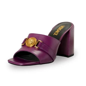 Versace Women's Gold Medusa Plum Leather Sandals Mules Shoes US 7 IT 37 - Picture 1 of 8