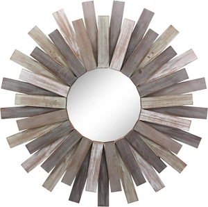 Large round 32" Wooden Sunburst Wall Mirror with Attached Hanging Bracket, Decor - Picture 1 of 7