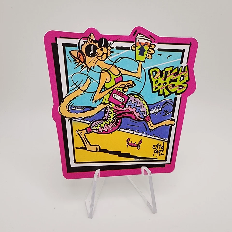 Dutch Bros Coffee Sticker 80s Cat with Walkman on Beach April 2023 - Image 1 of 1