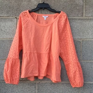 Time and Tru Women's Eyelet Long Sleeve Peplum Peach Margarita Size XL ( 16-18) - Picture 1 of 9