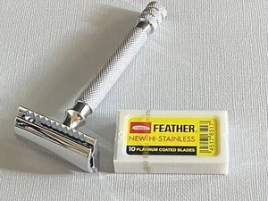 3 Piece Safety Razor & 10 Feather Double Edge Blades Classic Shaving Vintage - Picture 1 of 3
