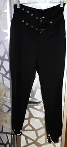 CBR DOUBLE BELTED BEADED EYELET SPLIT HEM HIGH WAIST BLACK SKINNY PANTS (SZ: XL) - Picture 1 of 5