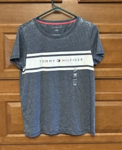 Tommy Hilfiger blau/grau T-Shirt Strick Top Gr. M Logo leicht S/S 446 - Bild 1 von 4