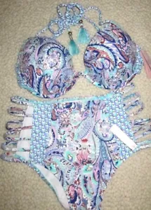 Victoria's Secret 34C fabelhaftes Boho-Top blau Paisley-Folie hoher Bund Bikini Small - Bild 1 von 12