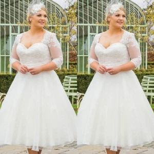 Elegant Wedding Dresses Long Sleeves Lace Appliques Tea Length Bridal Gowns - Picture 1 of 10