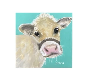 Painting By Kenna Cow Original Hand Painted  On Canvas Panel Unframed 4” X 4” - Bild 1 von 4
