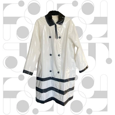 Women’s PVC Vinyl 60s Mod Raincoat Trench Coat White Black Vintage - Image 1 of 4