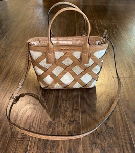 Michael Kors MK Sienna Lattice Small Tote Bag Tan Ivory Shoulder Purse Crossbody - Picture 1 of 14