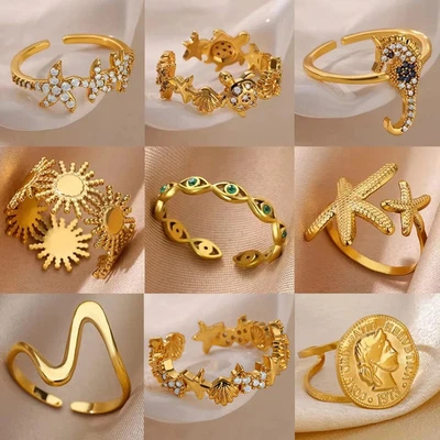Anillo de acero inoxidable para vida marina concha estrella de mar tortuga circón \ joyería para mujer Foto 1 de 4