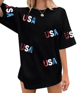 4th of July Shirts Women Sequin USA Shirt Oversized American Flag Graphic Tee... - Picture 1 of 5