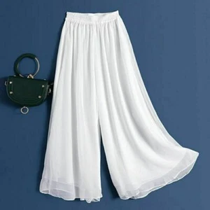 Women Double-Layer Wide-Leg Pants Draped Chiffon Dance High-Waisted Trousers - Picture 1 of 6