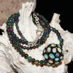 Natural Ethiopian Opal Necklace Black Smooth Opal Balls Opal Diamond Necklace - Picture 1 of 11