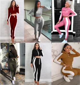 New Women Ladies Crop Hoodie and Pants Lounge Wear Set White Stripe Tracksuit - Picture 1 of 15