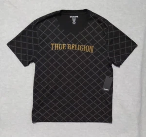 True Religion Monogram Arch kurzärmliges tiefschwarzes T-Shirt goldfarbenes Logo Herrengröße 3XL - Bild 1 von 8