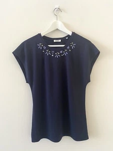 MARCS Beaded T Shirt Top Size S Navy Blue Cap Short Sleeve Jewels Thick Jersey - Picture 1 of 9