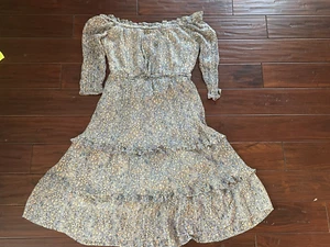 Anthropologie sz 10 Dress Off Shoulder Maxi Lurex 3-tier Lined 3/4 Peasant - Picture 1 of 17