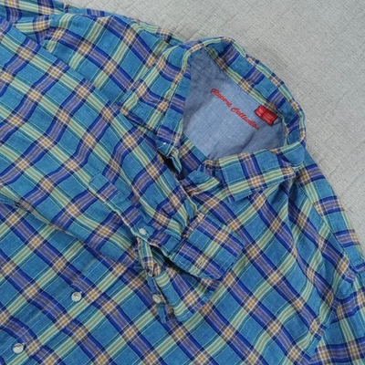 Report Collection Long Sleeve 100% Linen Button Down Men's Shirt XXL Blue Plaid - Image 1 of 4