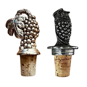 Pewter Vintage Cork Bottle Stopper Ornate Grape Leaf (pair of 2) Silver Tone - Picture 1 of 6