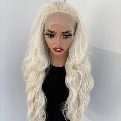 Peluca frontal de encaje HD cabello sintético resistente al calor rubio platino largo ondulado suave Foto 1 de 4