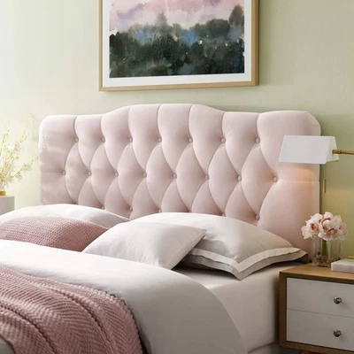 Cabeceira de cama completa veludo rosa com botão tufo design de altura ajustável - Imagem 1 de 4