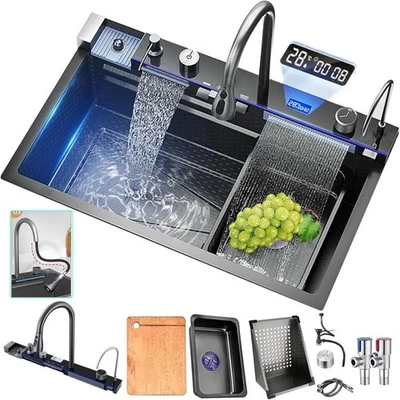 Küchenspüle SpülbeckenSet Edelstahl Ausziehbar Wasserhahn Wasserfall Einbauspüle - Bild 1 von 4