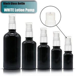 BLACK GLASS Bottle with WHITE LOTION Pump for Serums Creams Oils Sanitisers NEW - Picture 1 of 7