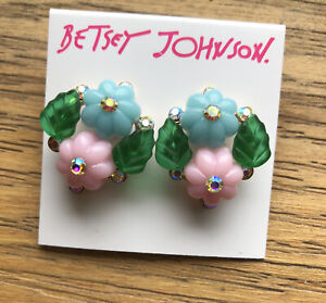 Betsey Johnson Island Flower Cluster Stud Earrings Crystal Accents NWT
