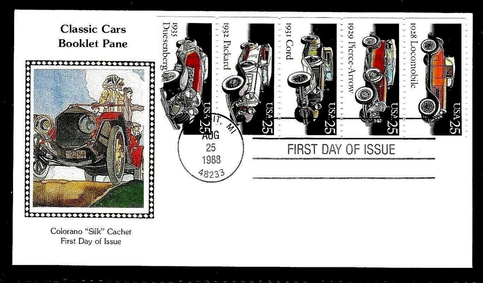 2385A 25c Stamps (Booklet) (1988) CLASSIC CARS FDC - COLORANO SILK CACHETS !! - Image 1 of 1