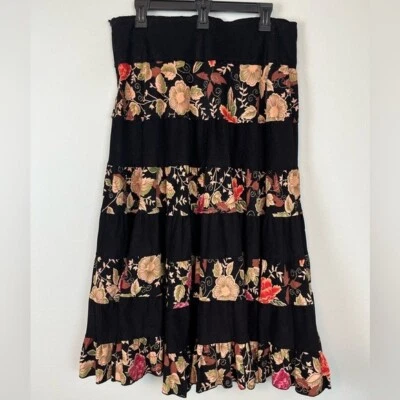 复古 Willi Smith 分层花卉黑色棉灯芯绒中裙 12 码 — 第 1/4 张图片